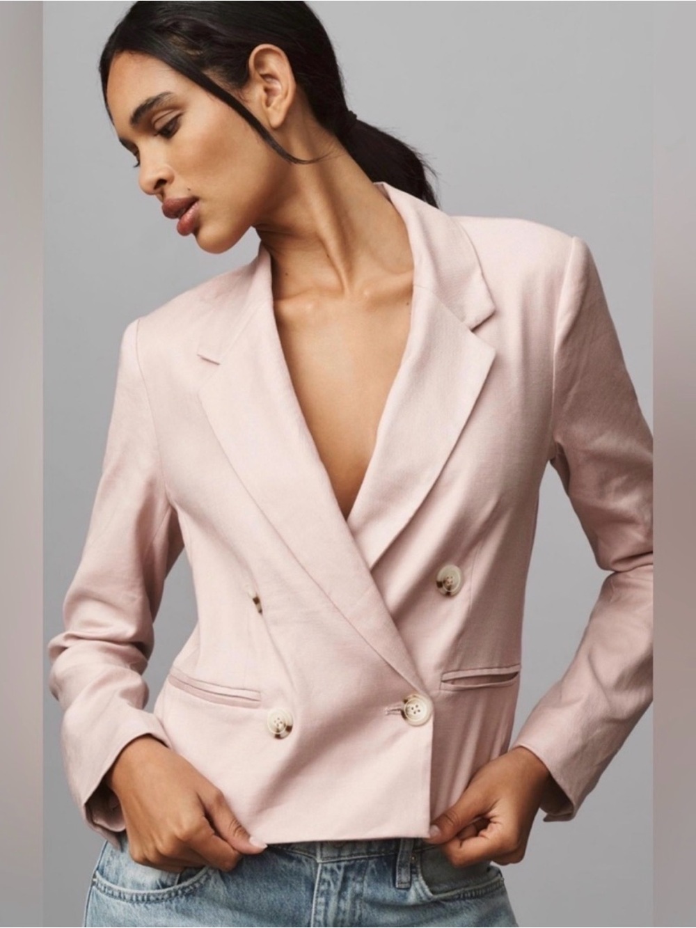 Anthropologie Maeve Linen Slim Blazer Pale Pink XL boho business casual work